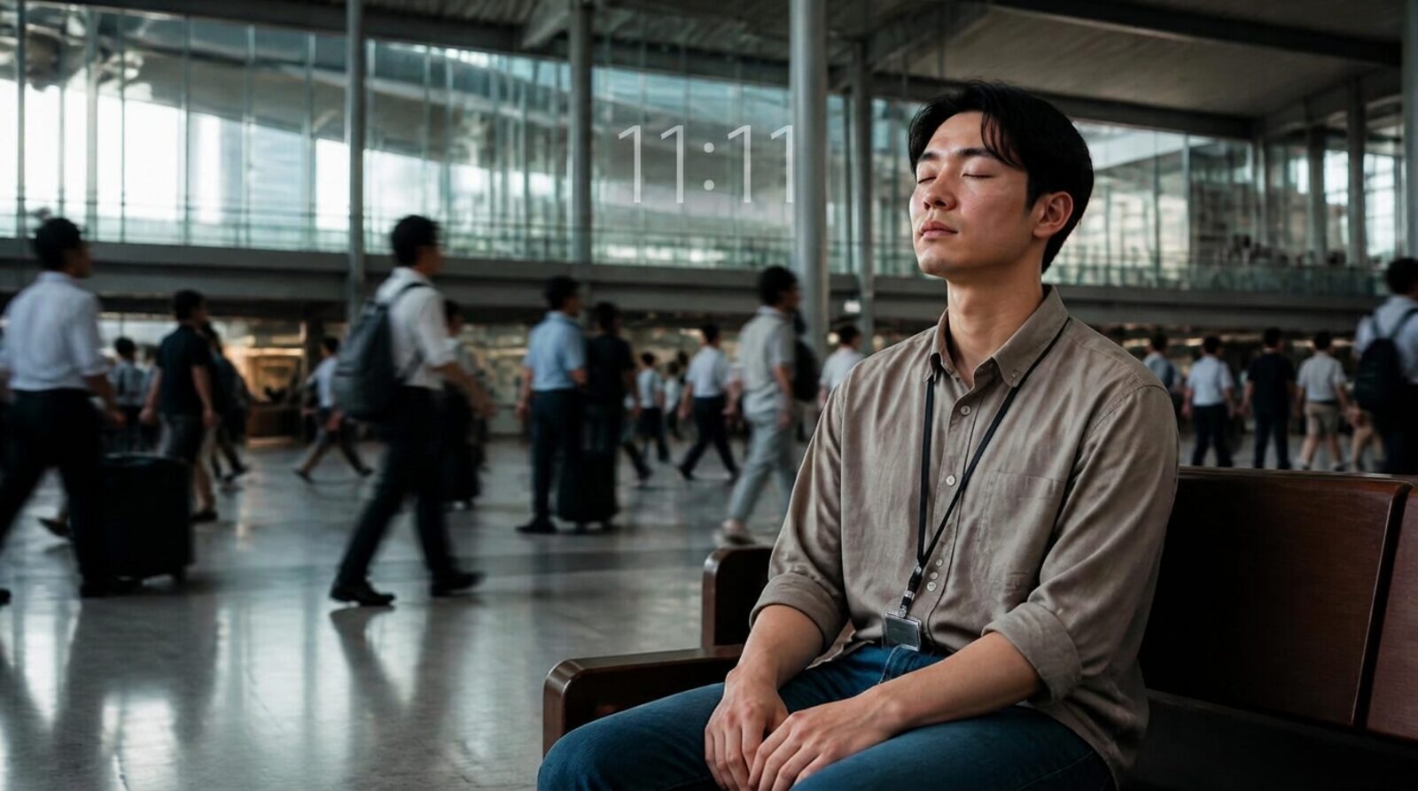 A commuter pausing at a train station