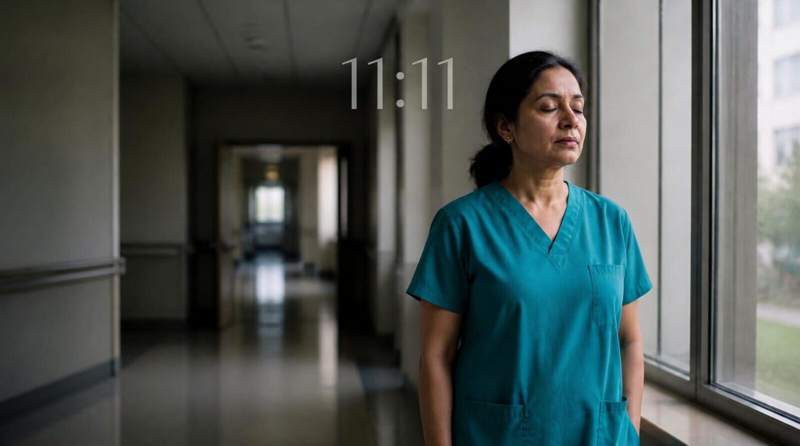 A doctor pausing in a hospital corridor