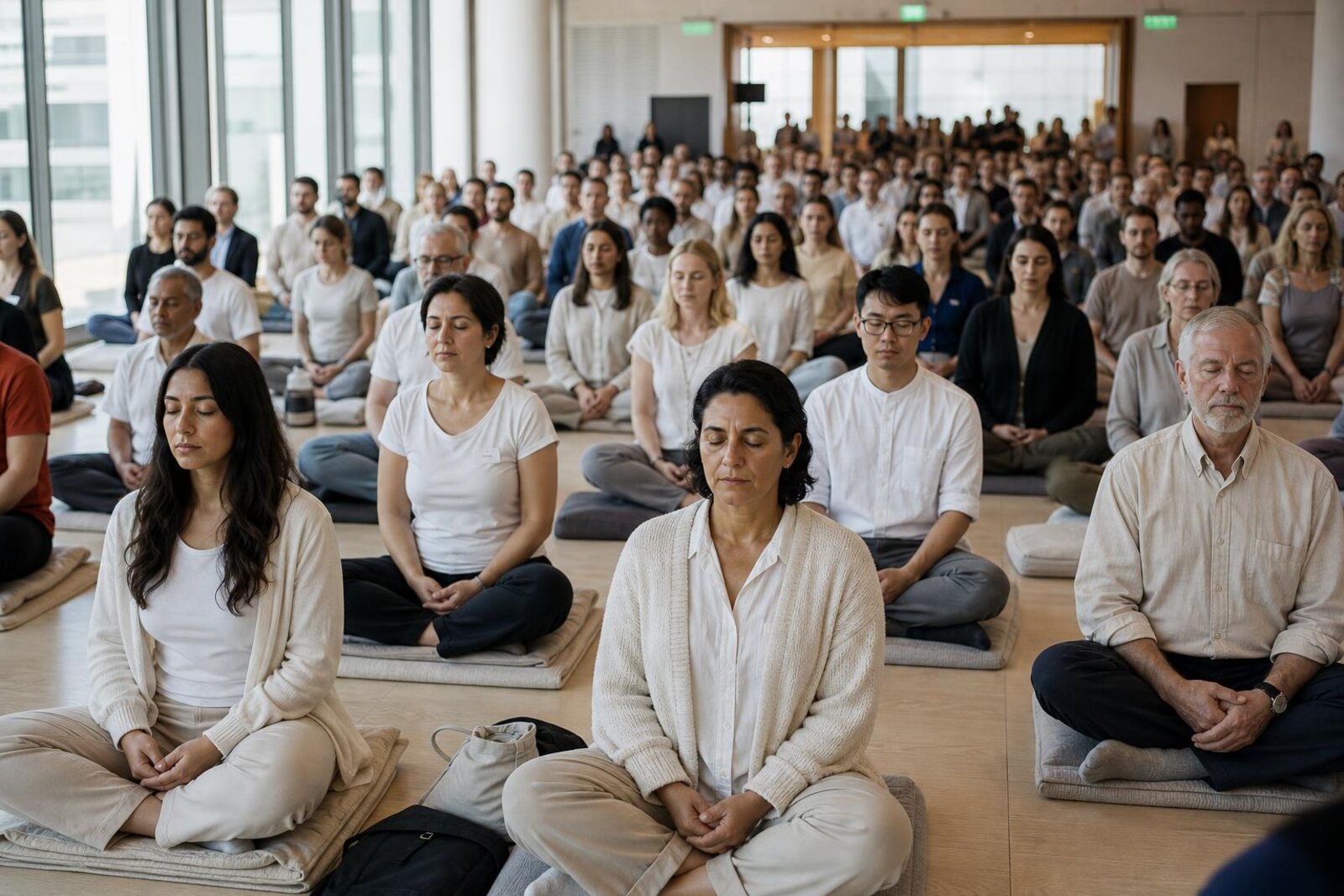 People from many backgrounds meditating together in a bright hall