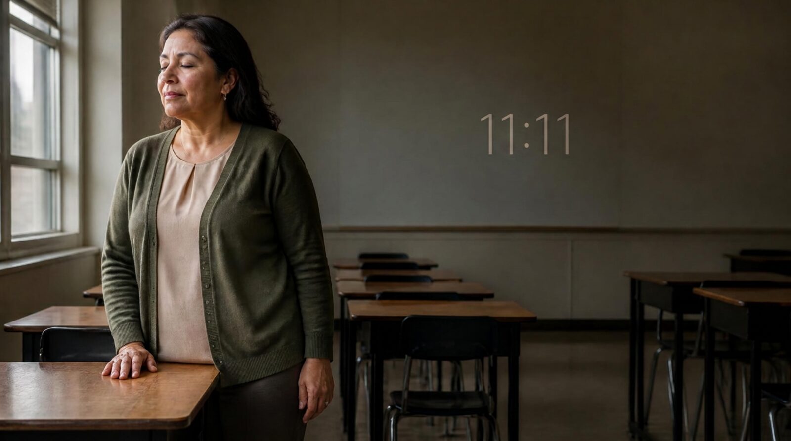 A teacher pausing in her classroom