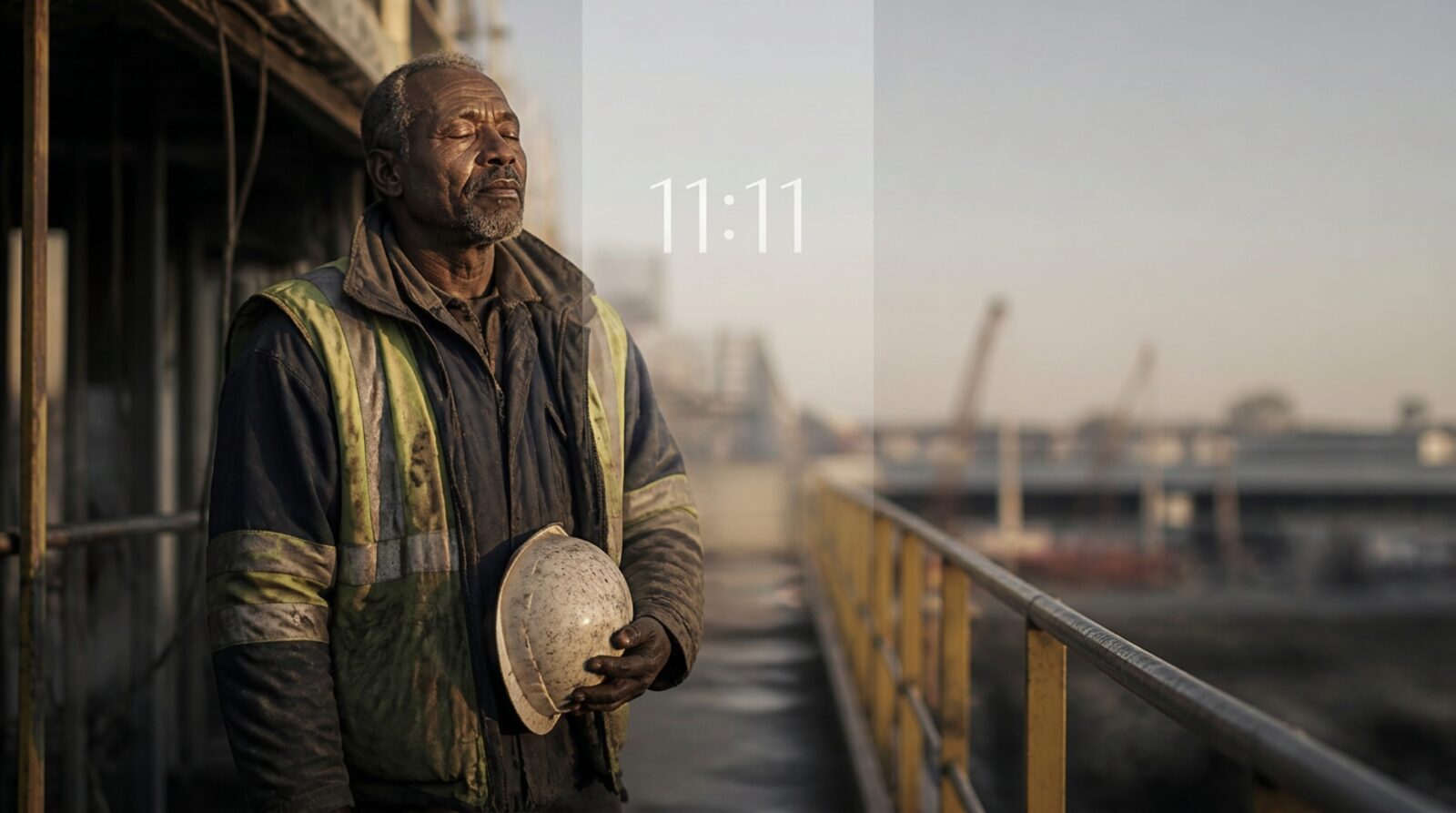 A construction worker pausing on site